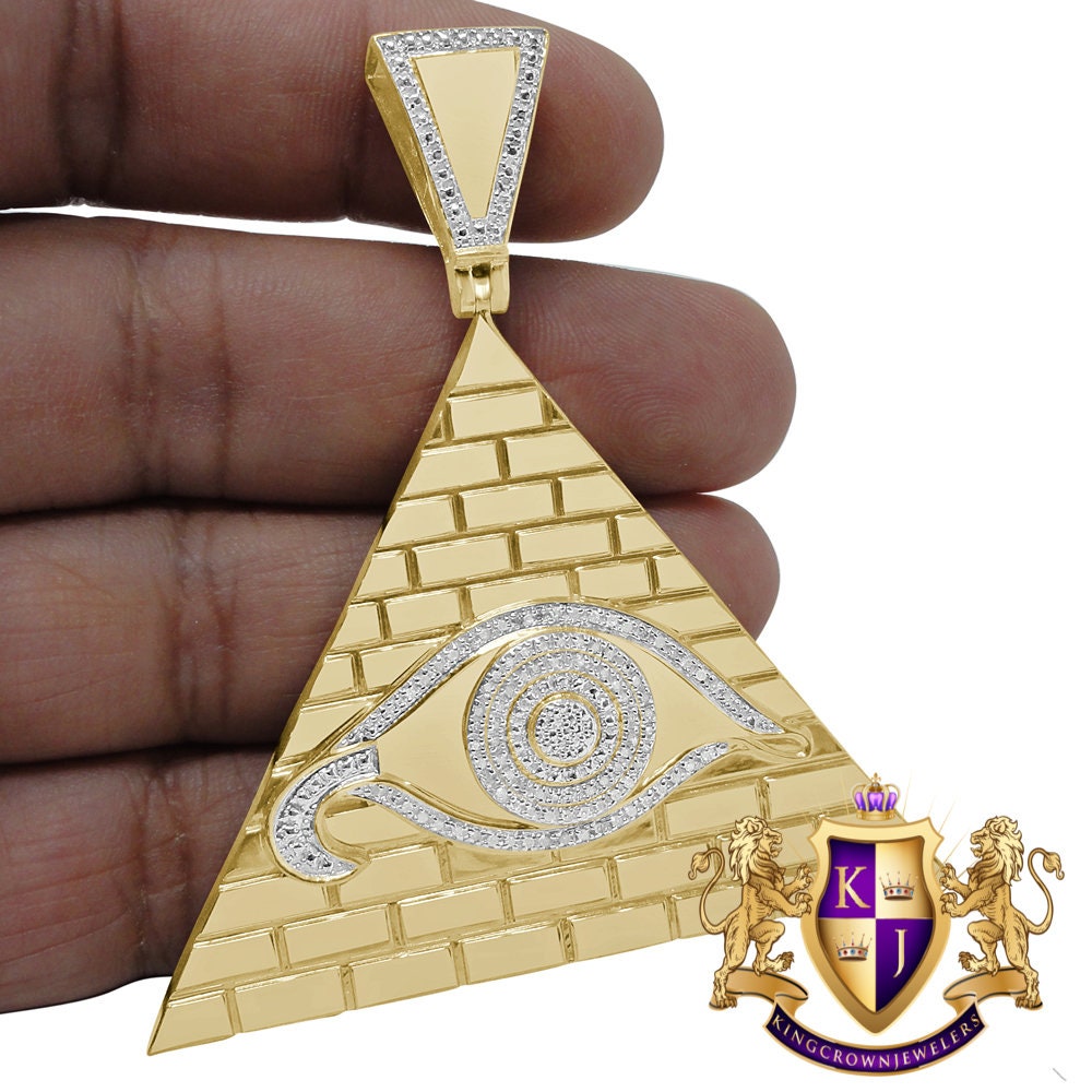 Real Genuine Diamond 0.45 Cwt 10K Yellow Gold Finish All Seeing Eye Pendant Charm 2.75''