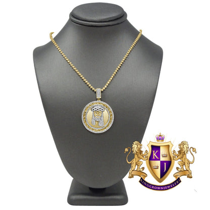 Real Genuine Diamond Jesus Face Piece 10K Yellow Gold Finish Greek Mini Charm Pendant + Chain