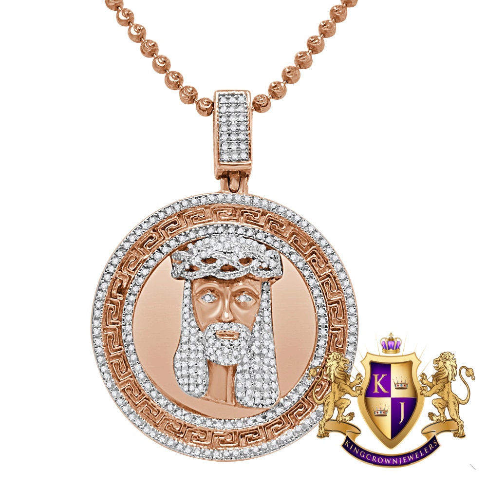 Real Genuine Diamond Jesus Face Piece 10K Rose Gold Finish Greek Mini Charm Pendant + Chain