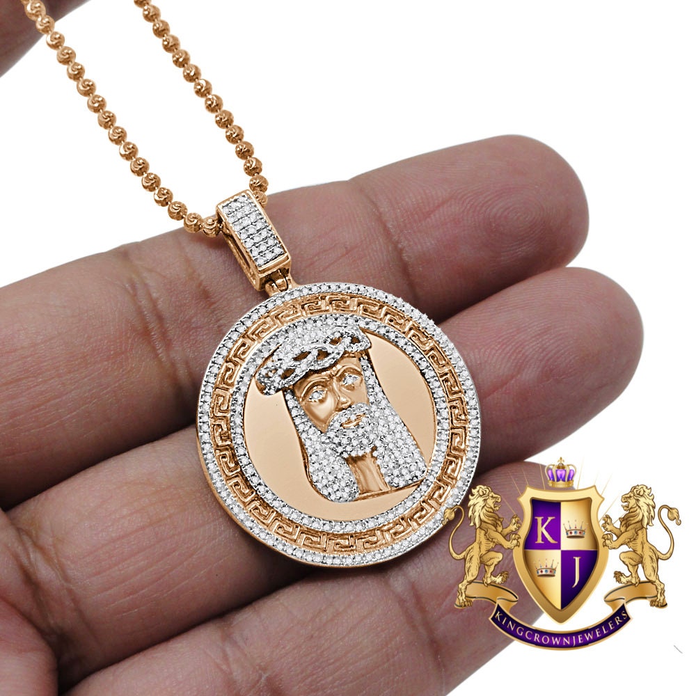 Real Genuine Diamond Jesus Face Piece 10K Rose Gold Finish Greek Mini Charm Pendant + Chain