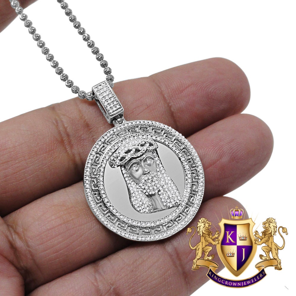 Real Genuine Diamond Jesus Face Piece 10K White Gold Finish Greek Mini Charm Pendant + Chain