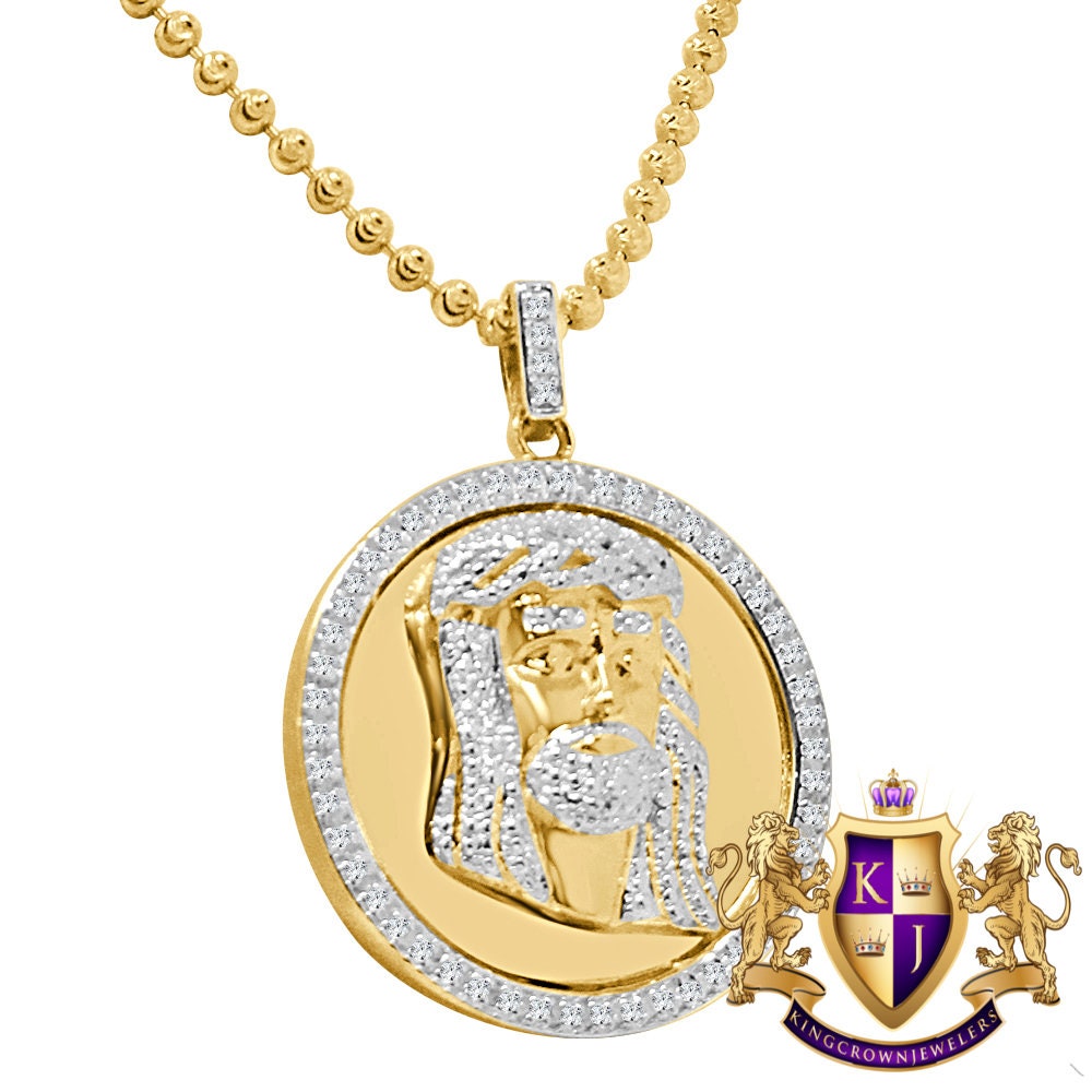 Real Genuine Diamonds 10K Yellow Gold Finish Mini Jesus Face Round Bezel Charm Pendant Chain Set