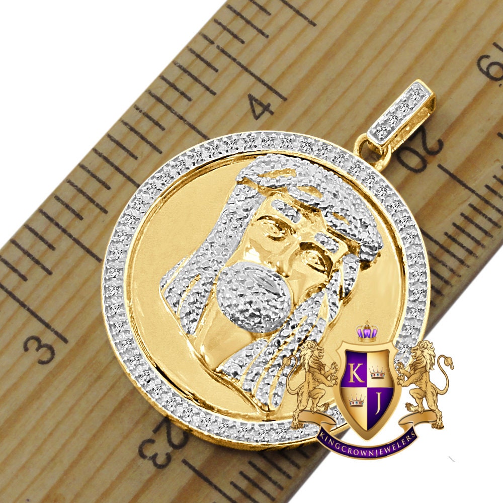 Real Genuine Diamonds 10K Yellow Gold Finish Mini Jesus Face Round Bezel Charm Pendant Chain Set