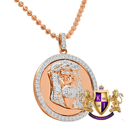 Real Genuine Diamonds 10K Rose Gold Finish Mini Jesus Face Round Bezel Charm Pendant Chain Set