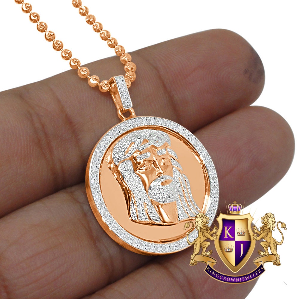 Real Genuine Diamonds 10K Rose Gold Finish Mini Jesus Face Round Bezel Charm Pendant Chain Set