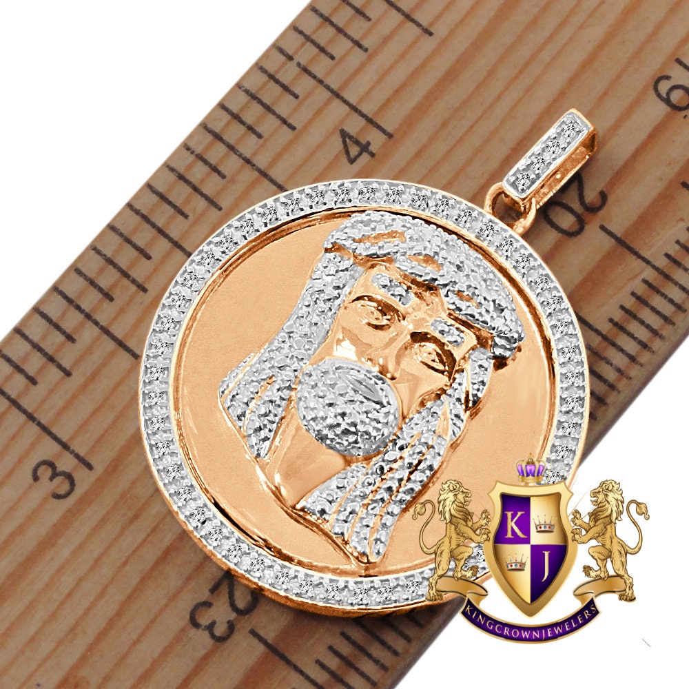 Real Genuine Diamonds 10K Rose Gold Finish Mini Jesus Face Round Bezel Charm Pendant Chain Set