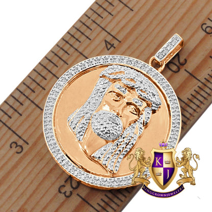 Real Genuine Diamonds 10K Rose Gold Finish Mini Jesus Face Round Bezel Charm Pendant Chain Set