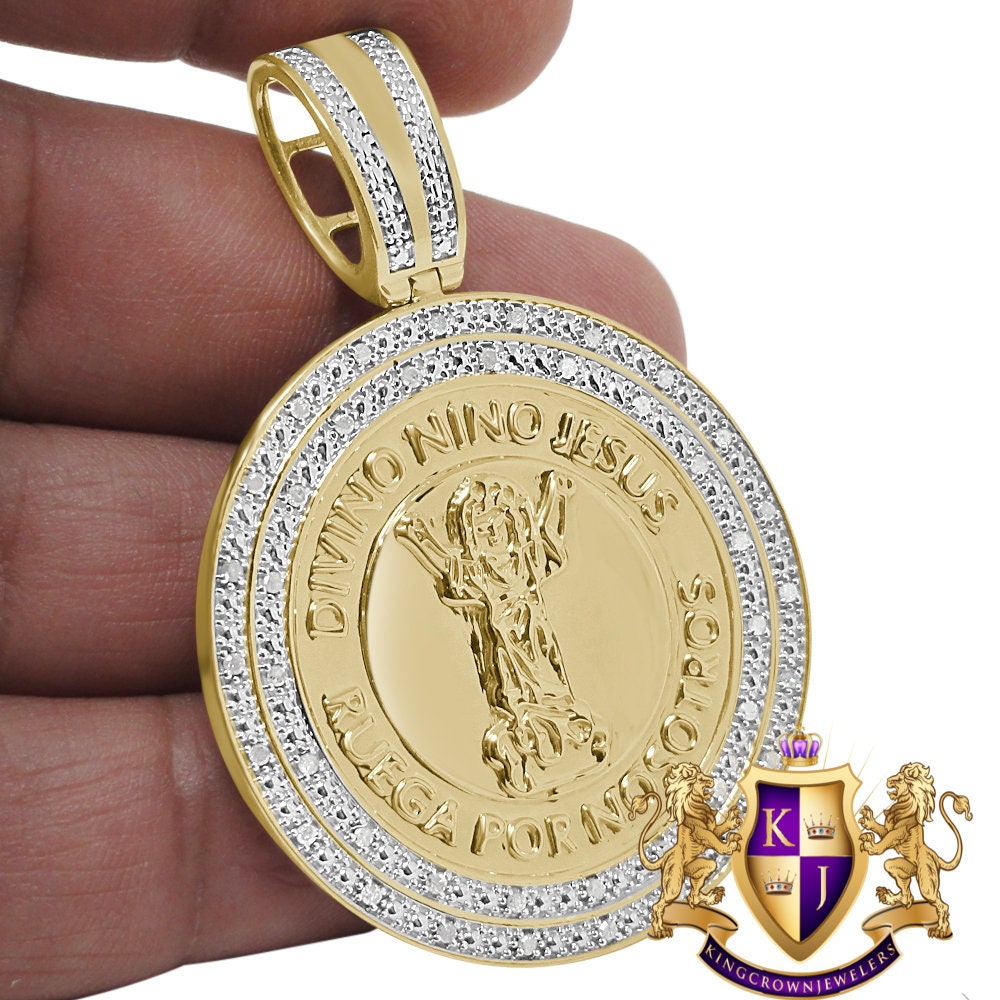 Real Genuine Diamond Santo Nino De Atocha Jesús Religious Round Medallion Pendent 10K Gold Over Charm 2.25''