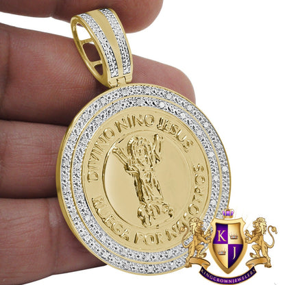 Real Genuine Diamond Santo Nino De Atocha Jesús Religious Round Medallion Pendent 10K Gold Over Charm 2.25''