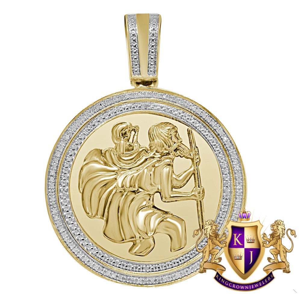 Real Genuine Authentic Diamond 0.40 Cwt. 21 + Grams Saint Christopher Charm Round Medallion 10K Gold Finish Religious Unisex Pendant  2.25''