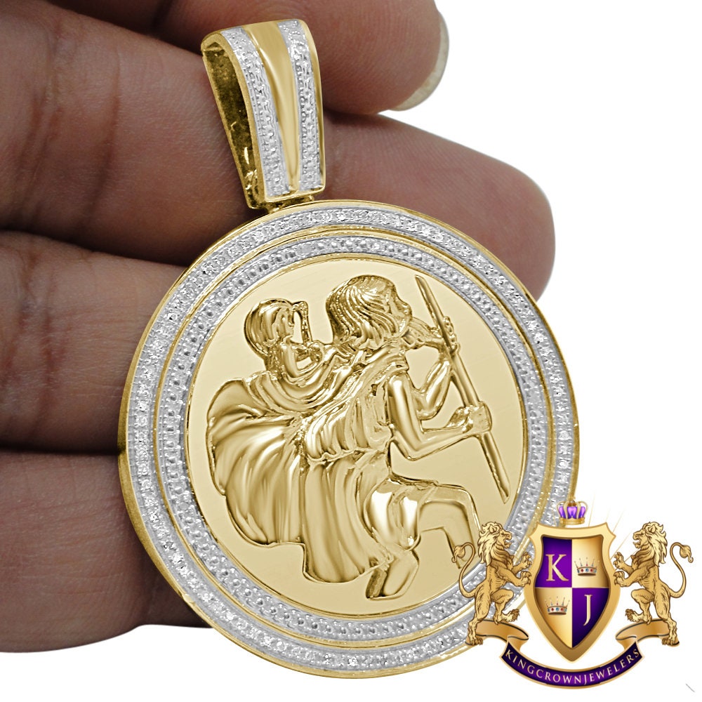 Real Genuine Authentic Diamond 0.40 Cwt. 21 + Grams Saint Christopher Charm Round Medallion 10K Gold Finish Religious Unisex Pendant  2.25''