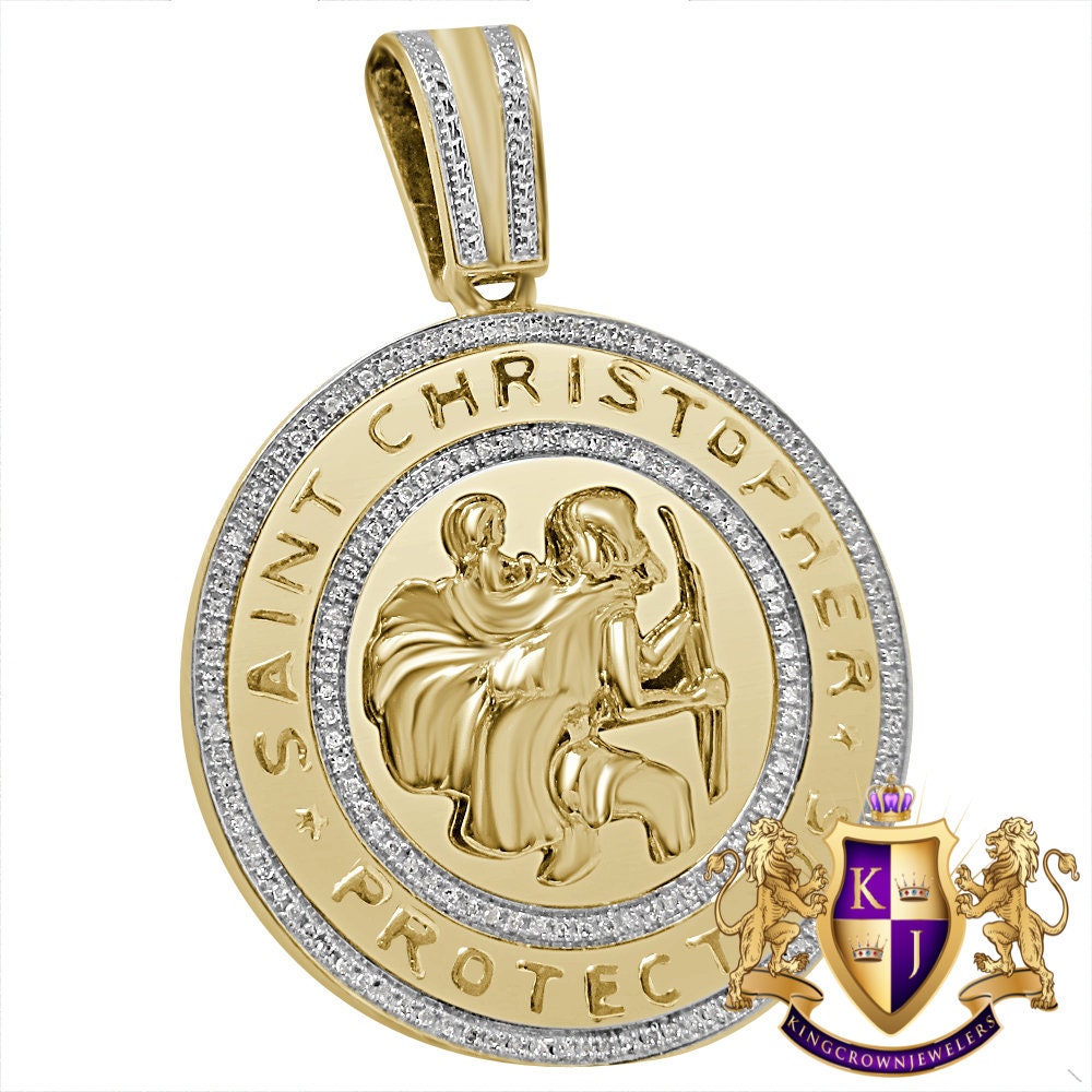 Real Genuine Authentic Diamond 0.40 Cwt. 20 + Grams Saint Christopher Religious Round Pendant Jesus Charm 10K Gold Over Medallion 2.25''