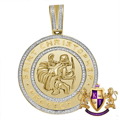 Real Genuine Authentic Diamond 0.40 Cwt. 20 + Grams Saint Christopher Religious Round Pendant Jesus Charm 10K Gold Over Medallion 2.25''