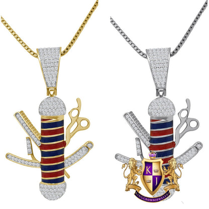 Unisex Real Sterling Silver Barber Pole Pendant 14k Gold Finish Simulated Diamond Charm + Chain
