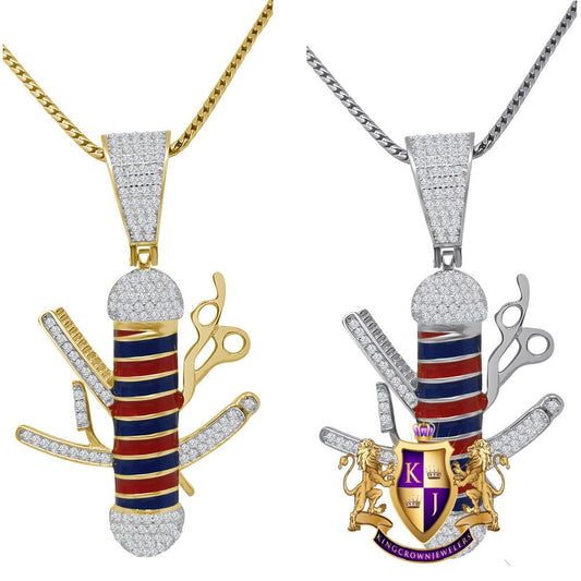 Unisex Real Sterling Silver Barber Pole Pendant 14k Gold Finish Simulated Diamond Charm + Chain