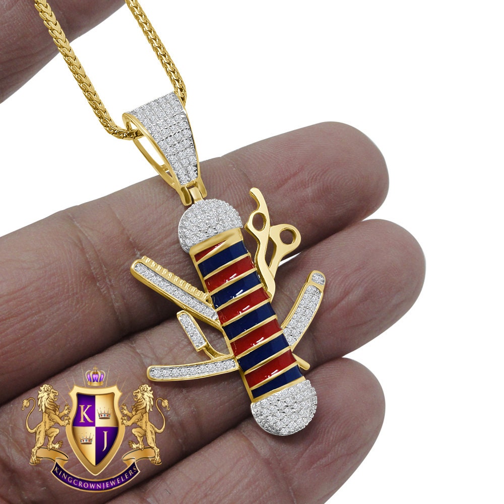 Unisex Real Sterling Silver Barber Pole Pendant 14k Gold Finish Simulated Diamond Charm + Chain