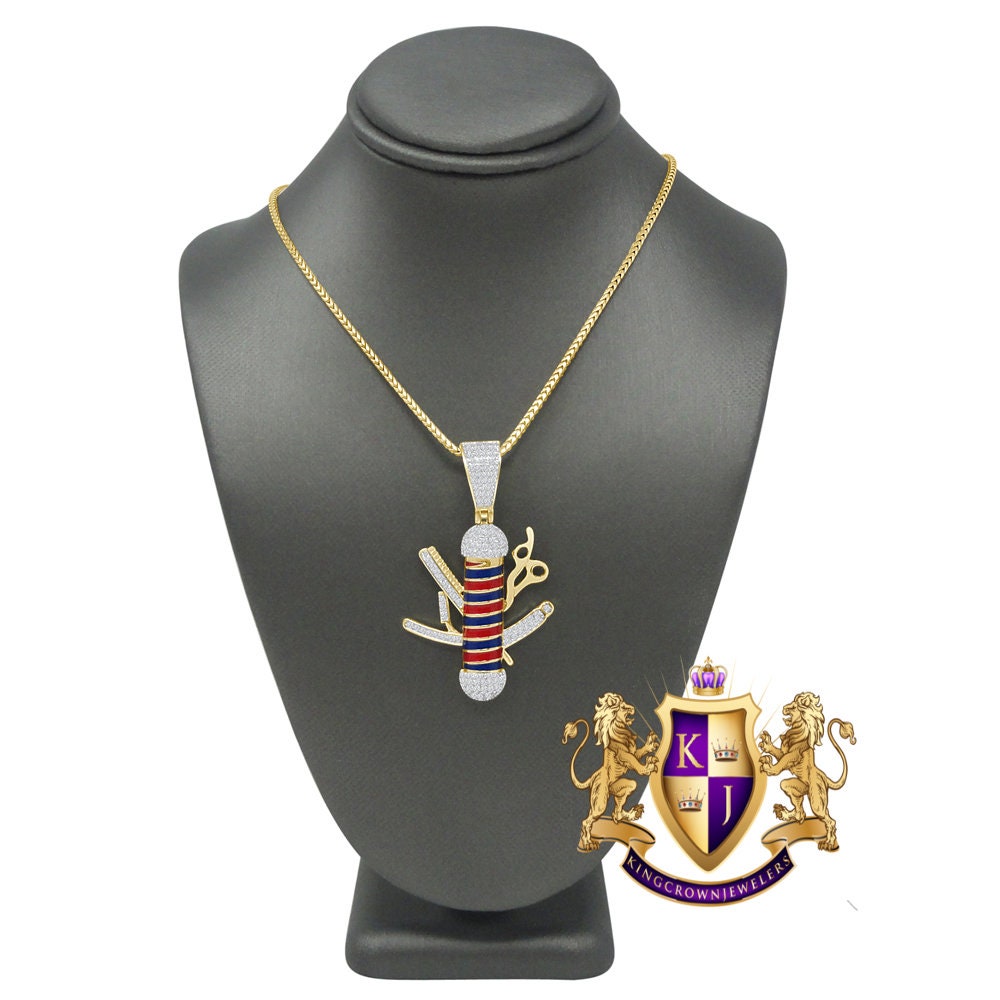Unisex Real Sterling Silver Barber Pole Pendant 14k Gold Finish Simulated Diamond Charm + Chain