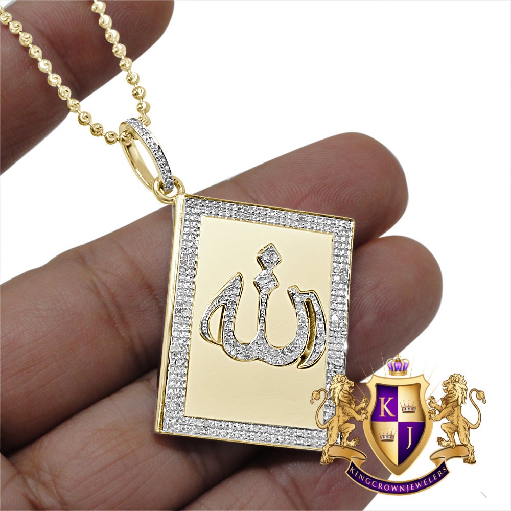 Real Genuine Authentic Diamond 22+ Grams Holy Book Allah God Muslim Arabic Islamic Pendent 10K Solid Gold Over Religious Charm Chain Set