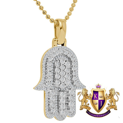 Real Genuine Authentic Diamond 0.66 Cwt. 17+ Grams Hamsa Hand of Fatima Charm 10K Solid Gold Over Jewish Religious Pendent Chain Set 1.75''
