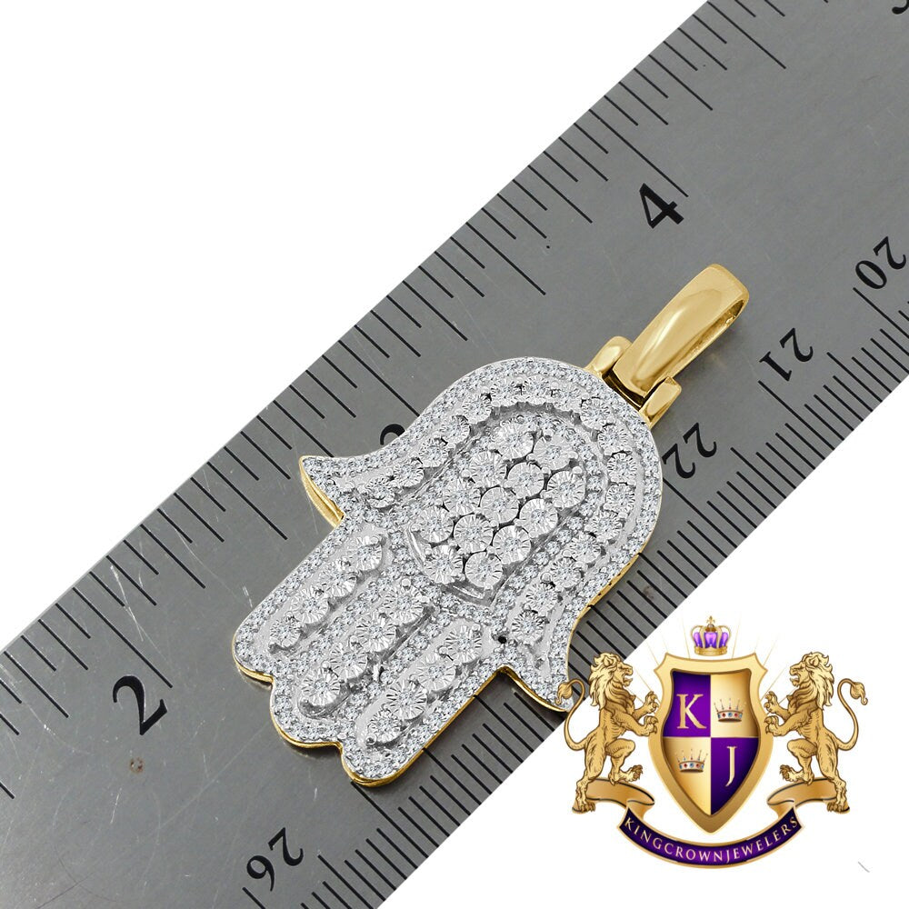 Real Genuine Authentic Diamond 0.66 Cwt. 17+ Grams Hamsa Hand of Fatima Charm 10K Solid Gold Over Jewish Religious Pendent Chain Set 1.75''