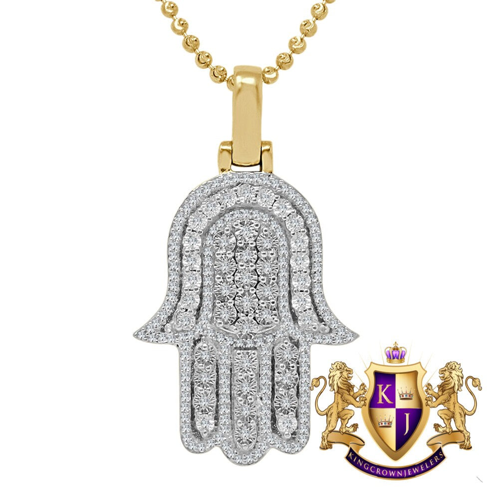 Real Genuine Authentic Diamond 0.66 Cwt. 17+ Grams Hamsa Hand of Fatima Charm 10K Solid Gold Over Jewish Religious Pendent Chain Set 1.75''