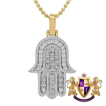 Real Genuine Authentic Diamond 0.66 Cwt. 17+ Grams Hamsa Hand of Fatima Charm 10K Solid Gold Over Jewish Religious Pendent Chain Set 1.75''
