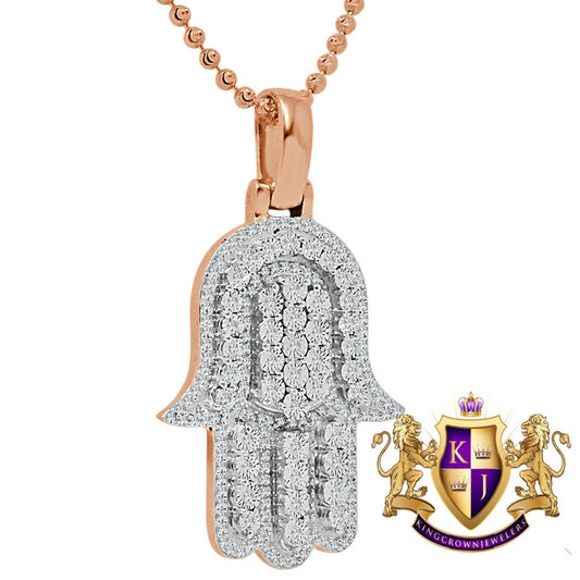 Real Genuine Diamonds Hamsa Hand of Fatima Charm 10K Rose Gold Finish Jewish Pendent + Chain