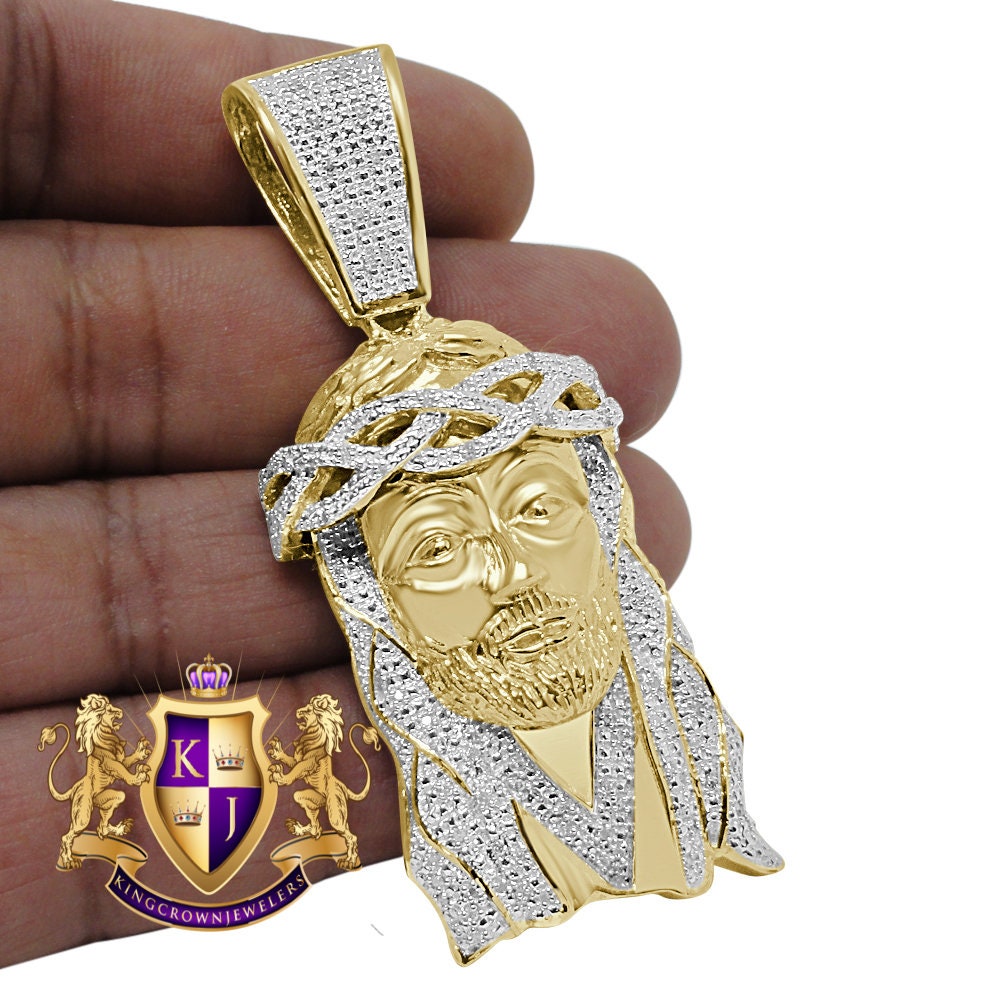 Real Genuine Authentic Diamond 35+ Grams Big 2.85'' Jesus Christ Face Piece Cross Head Charm 10K Gold Over Unisex Pendent