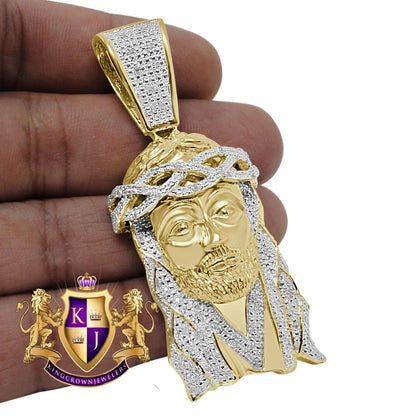 Real Genuine Authentic Diamond 35+ Grams Big 2.85'' Jesus Christ Face Piece Cross Head Charm 10K Gold Over Unisex Pendent