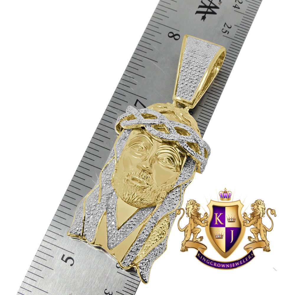 Real Genuine Authentic Diamond 35+ Grams Big 2.85'' Jesus Christ Face Piece Cross Head Charm 10K Gold Over Unisex Pendent