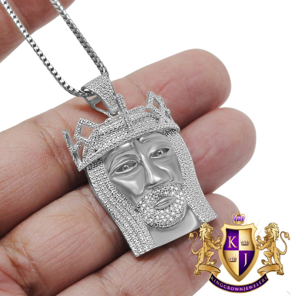 Real Genuine Authentic Diamond 10K White Gold Finish Jesus Face Piece Charm Pendent + Franco Chain