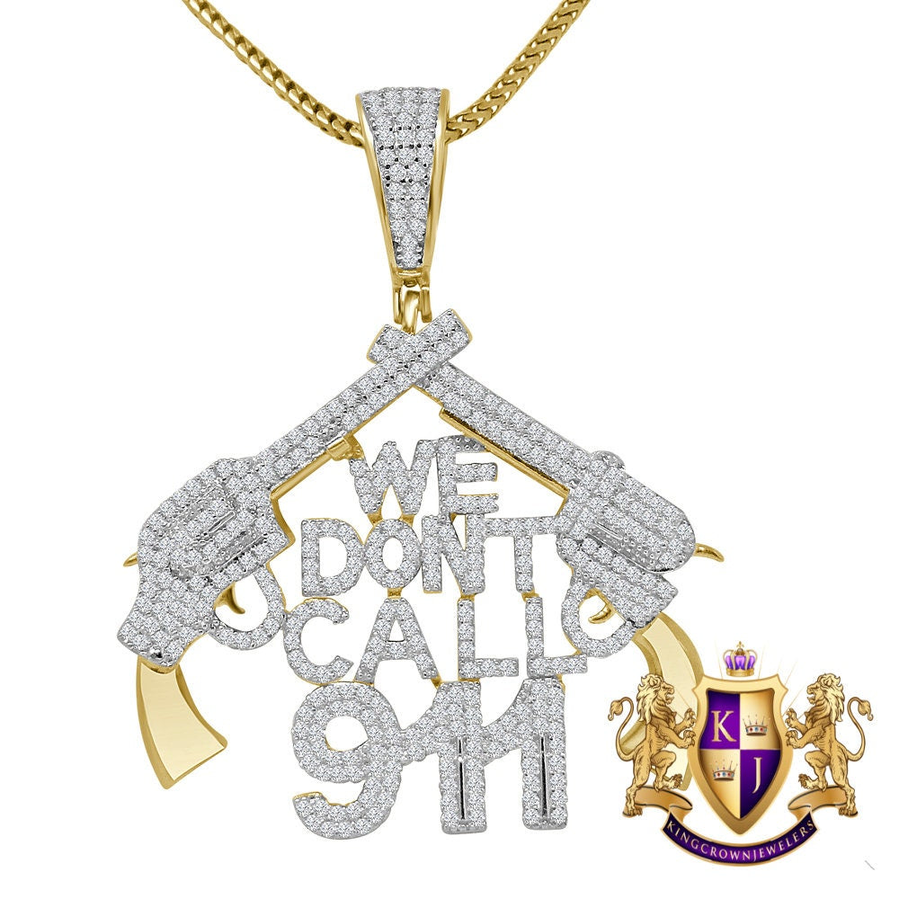 Real Genuine Sterling Silver 14K Gold Finish Simulated Diamond "WE DONT CALL 911" Custom Pendant Charm Chain Neckless Set