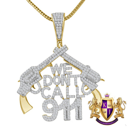 Real Genuine Sterling Silver 14K Gold Finish Simulated Diamond "WE DONT CALL 911" Custom Pendant Charm Chain Neckless Set