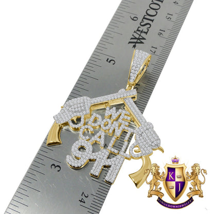 Real Genuine Sterling Silver 14K Gold Finish Simulated Diamond "WE DONT CALL 911" Custom Pendant Charm Chain Neckless Set