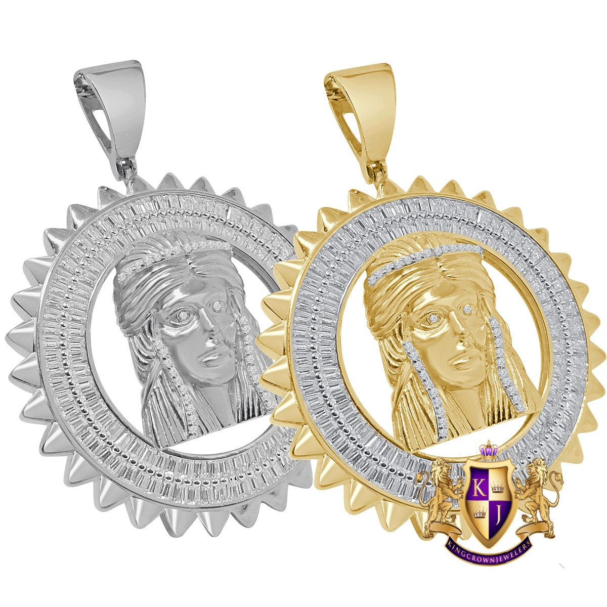 Baguette 20+ Grams Real Authentic Genuine Sterling Silver 1.50 Cwt. Simulated Diamond Jesus Crist Face Pendant Charm Round Medallion 2.25''
