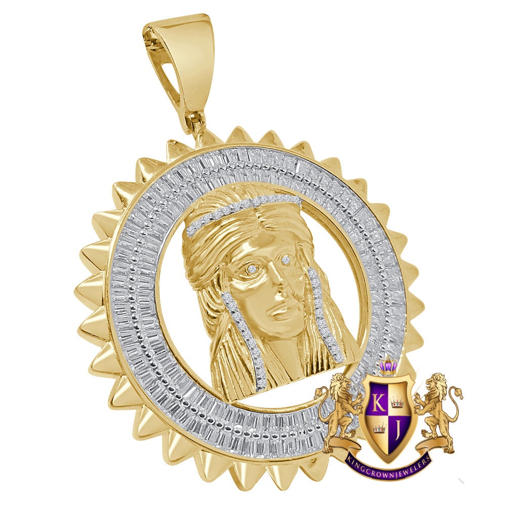 Baguette 20+ Grams Real Authentic Genuine Sterling Silver 1.50 Cwt. Simulated Diamond Jesus Crist Face Pendant Charm Round Medallion 2.25''