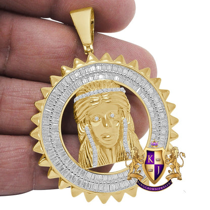 Baguette 20+ Grams Real Authentic Genuine Sterling Silver 1.50 Cwt. Simulated Diamond Jesus Crist Face Pendant Charm Round Medallion 2.25''