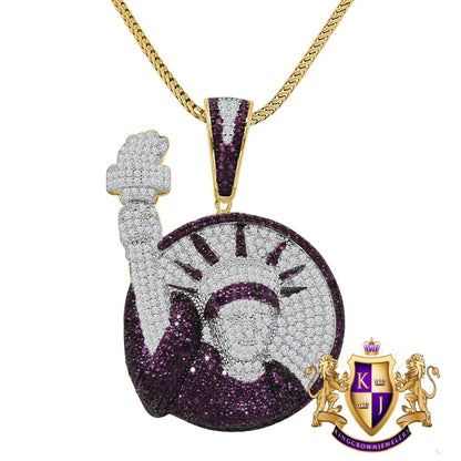 14K Gold Finish Real Sterling Silver Simulated Diamond Statue of Lady Liberty Pendent Charm Chain Set