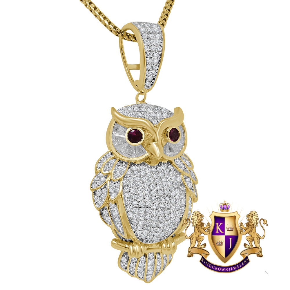 Mens Real Sterling Silver 14K Gold Finish Simulated Diamond Owl Ruby Eye Pendent Charm Chain Set