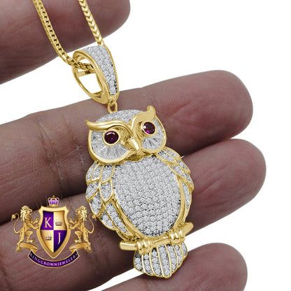 Mens Real Sterling Silver 14K Gold Finish Simulated Diamond Owl Ruby Eye Pendent Charm Chain Set