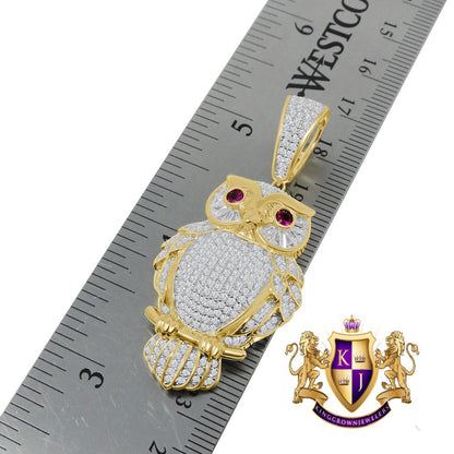 Mens Real Sterling Silver 14K Gold Finish Simulated Diamond Owl Ruby Eye Pendent Charm Chain Set