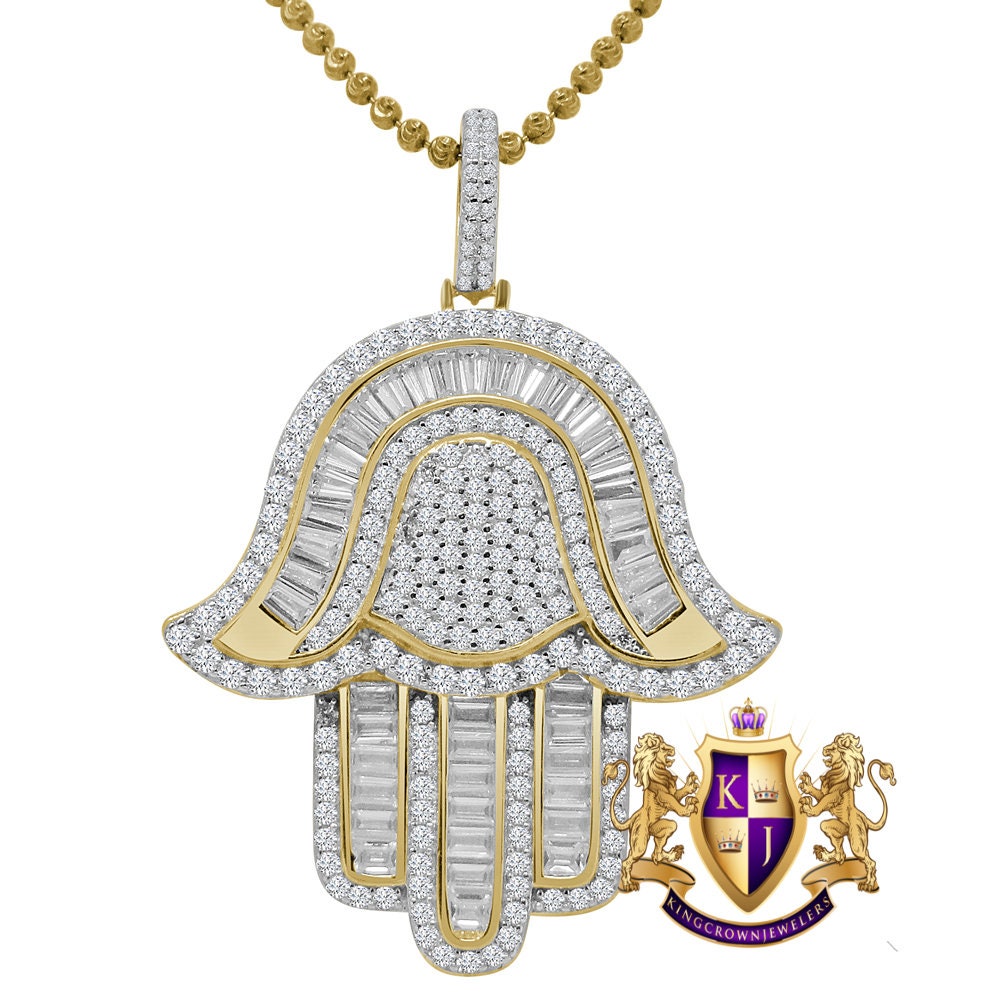 Baguette Real Genuine Sterling Silver Gold Finish Simulated Diamond Hamsa Hand Pendent Charm Chain Set