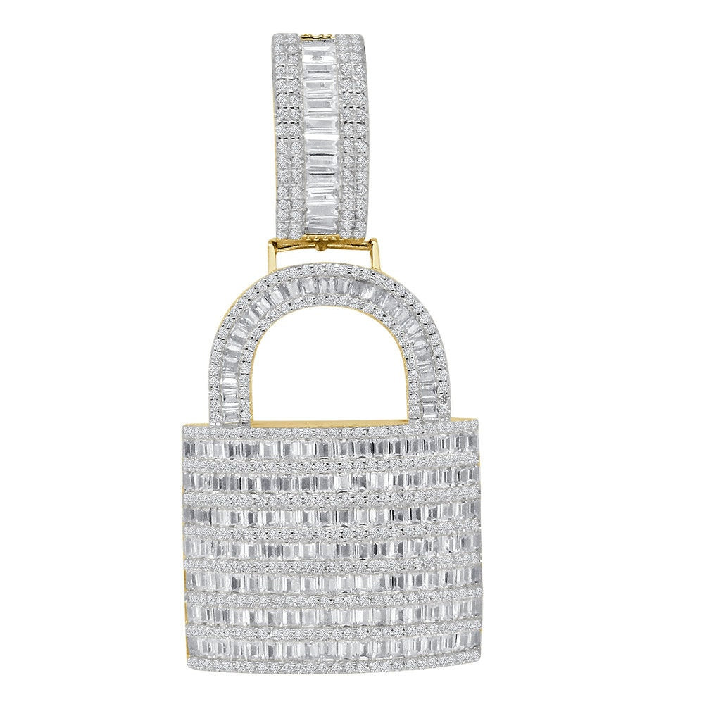 Baguette Custom Piece Real Genuine Italian Sterling Silver Simulated Diamond 14K Gold Over Padlock Key Pendent Charm 15 + Grams