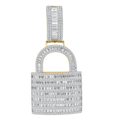 Baguette Custom Piece Real Genuine Italian Sterling Silver Simulated Diamond 14K Gold Over Padlock Key Pendent Charm 15 + Grams