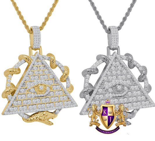Real Sterling Silver Simulated Diamond Illuminati All Seen Eye Pendent Charm Chain Set