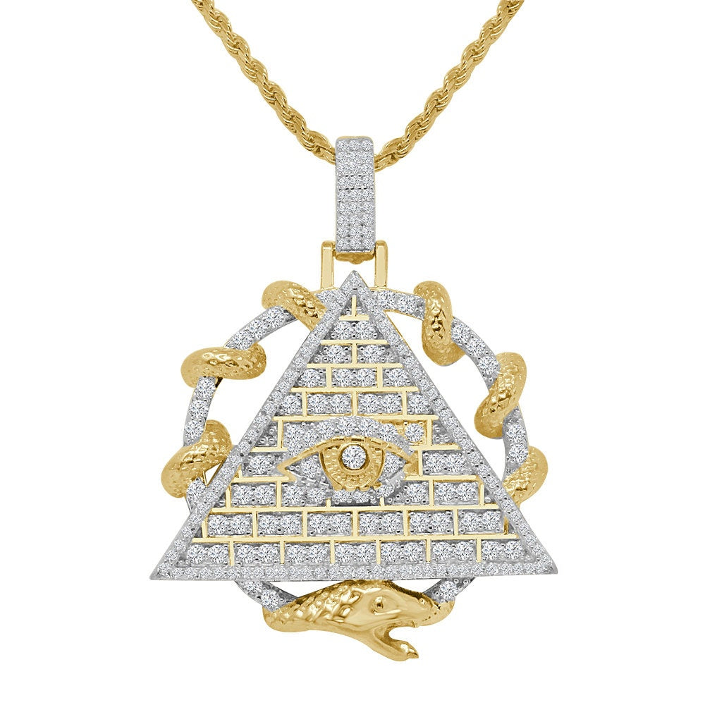 Real Sterling Silver Simulated Diamond Illuminati All Seen Eye Pendent Charm Chain Set