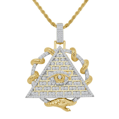 Real Sterling Silver Simulated Diamond Illuminati All Seen Eye Pendent Charm Chain Set