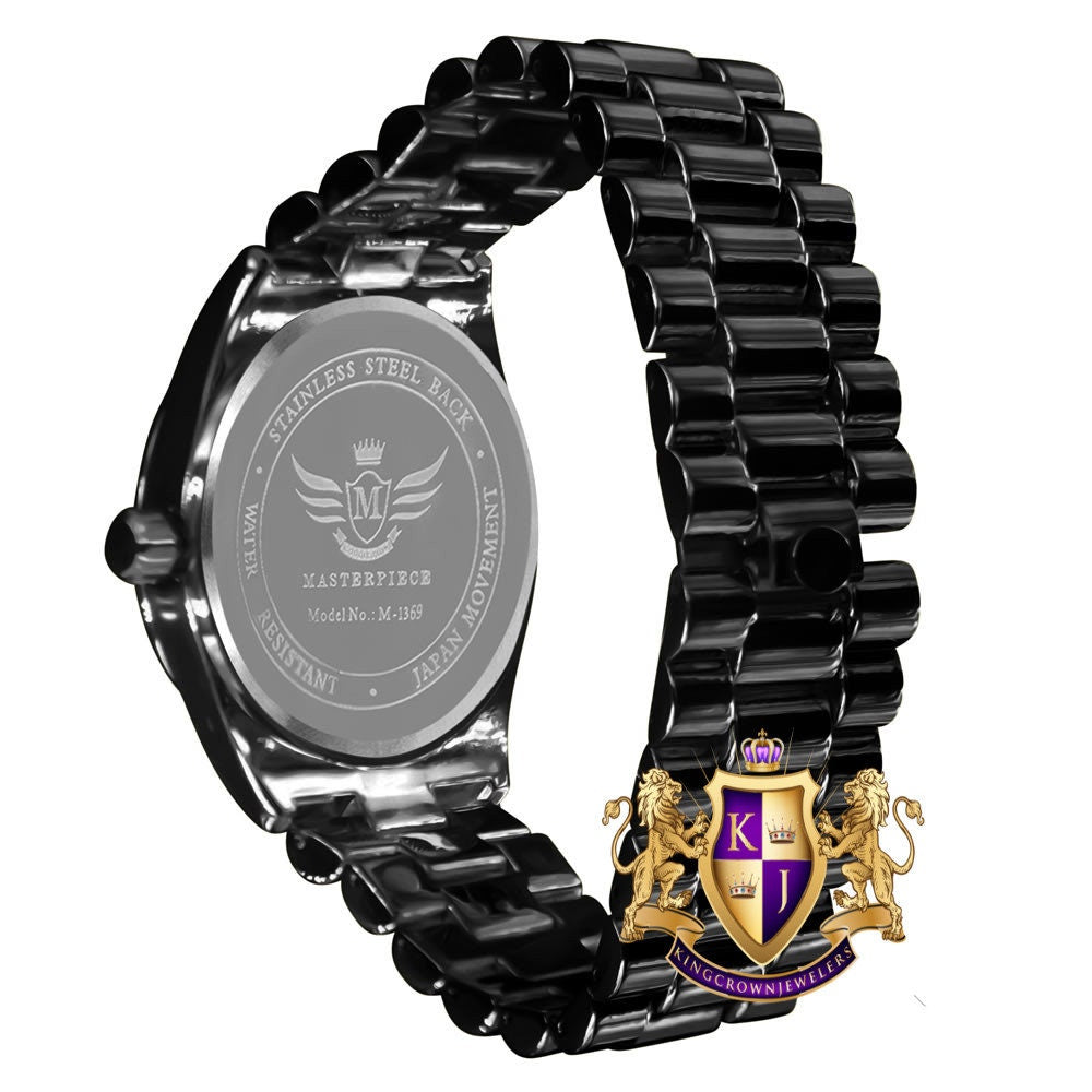 Men's 14K Black Gold Tone Day/Date Function Solid Steel Back Water Resistance Metal Band Watch