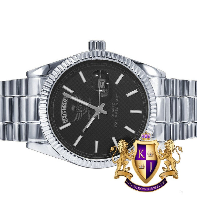 Men's 14K White  Gold Tone Black Dial Day/Date Function Solid Steel Back Water Resistance Metal Band Watch