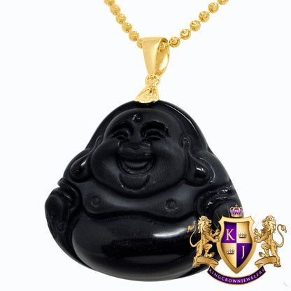 Real Yellow Gold Sterling Silver Jade Onyx Black Holy Buddha Pendant Charm Chain Set